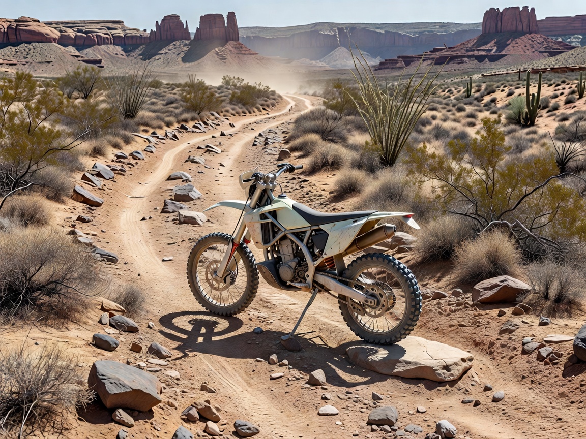 Lightweight rally motorcycle standing on a dry rocky desert trail