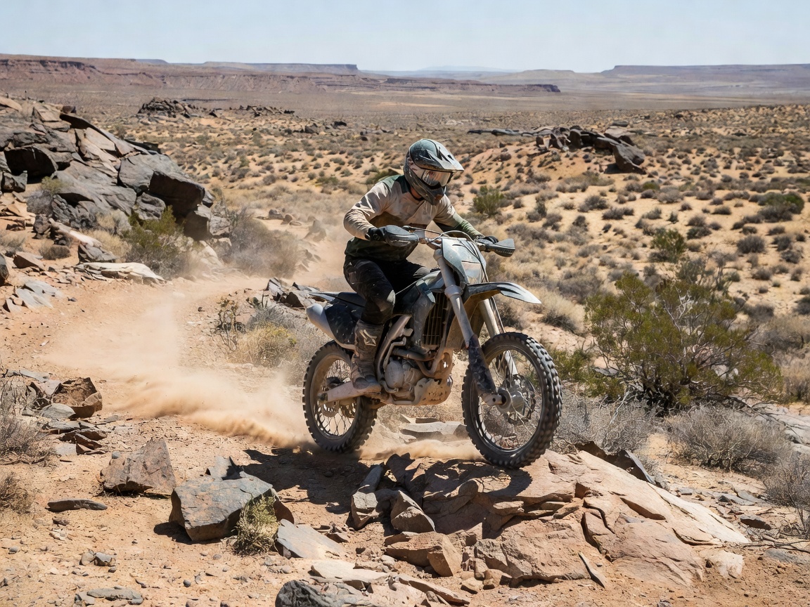 Single-cylinder enduro motorcycle riding over a rocky high desert trail